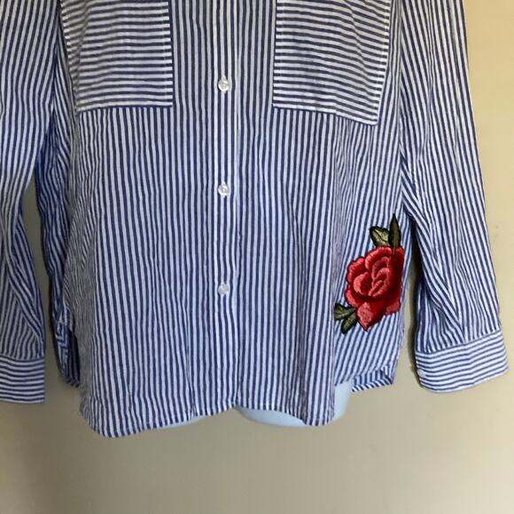 Rails Medium Frances Button Up Banker Stripe Floral Patches Blouse Embroidered - Picture 9 of 16